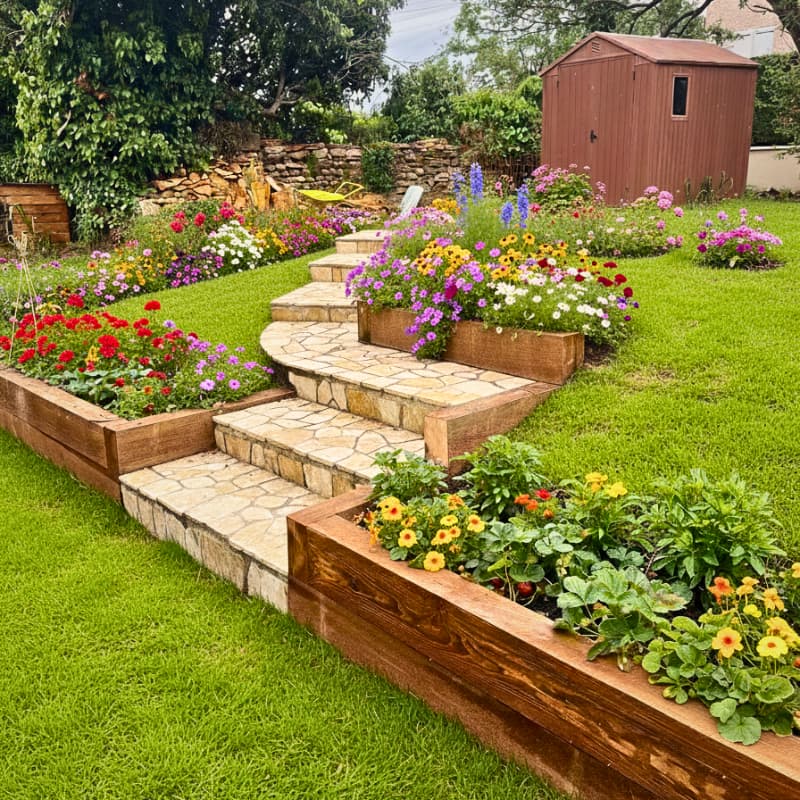 Aménagement d'un accès extérieur : Escalier en traverses paysagères